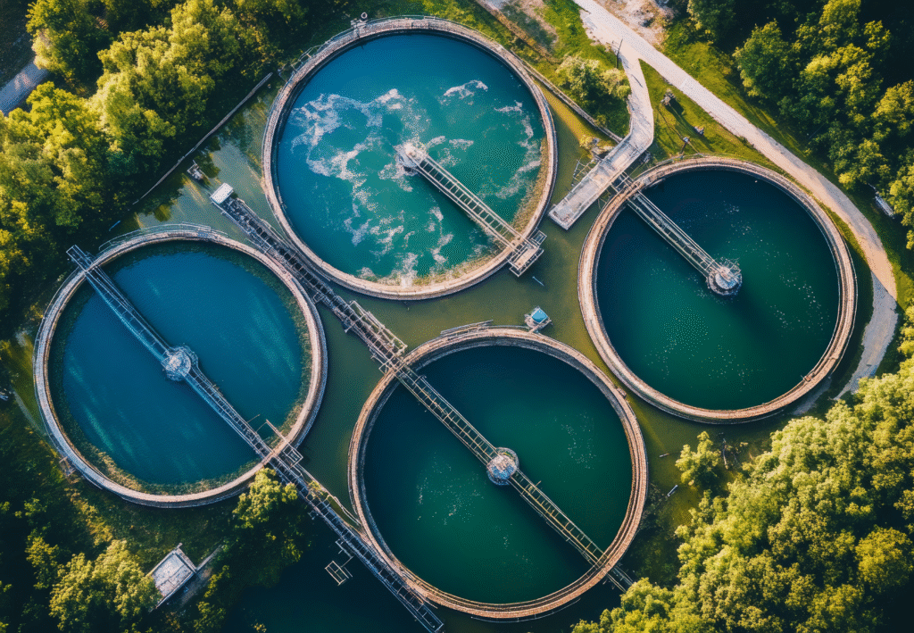 Drohnenaufnahme einer Kläranlage mit vier großen runden Becken, die von Grünflächen umgeben sind und verschiedene Stadien der Wasseraufbereitung zeigen.