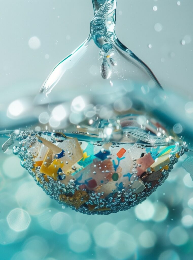 Nahaufnahme von Mikroplastikpartikeln, die sich unter der Wasseroberfläche sammeln und von kleinen Luftblasen umgeben sind; darüber bricht ein Wasserstrahl ins Bild ein.