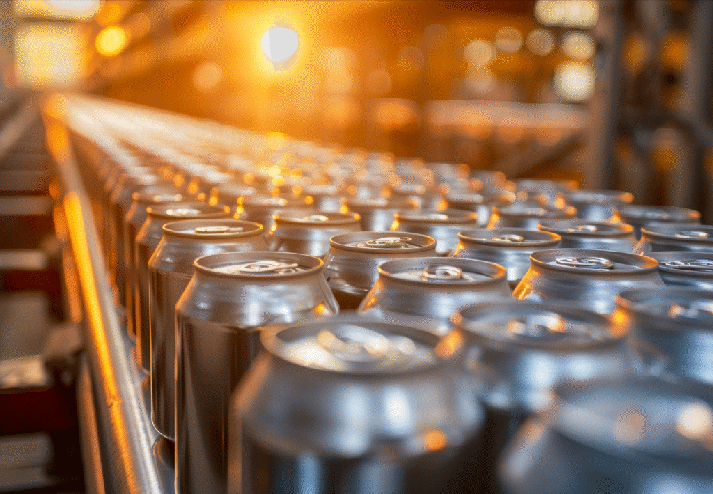 Reihe silberner Getränkedosen auf einem Förderband in einer Lebensmittel- oder Getränkeproduktion, beleuchtet von warmem Sonnenlicht im Hintergrund.